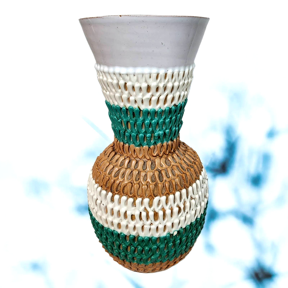 Beautiful Mid-Century Modern Wrapped Textured Multicolor Pottery Vase Italy 8.5"
